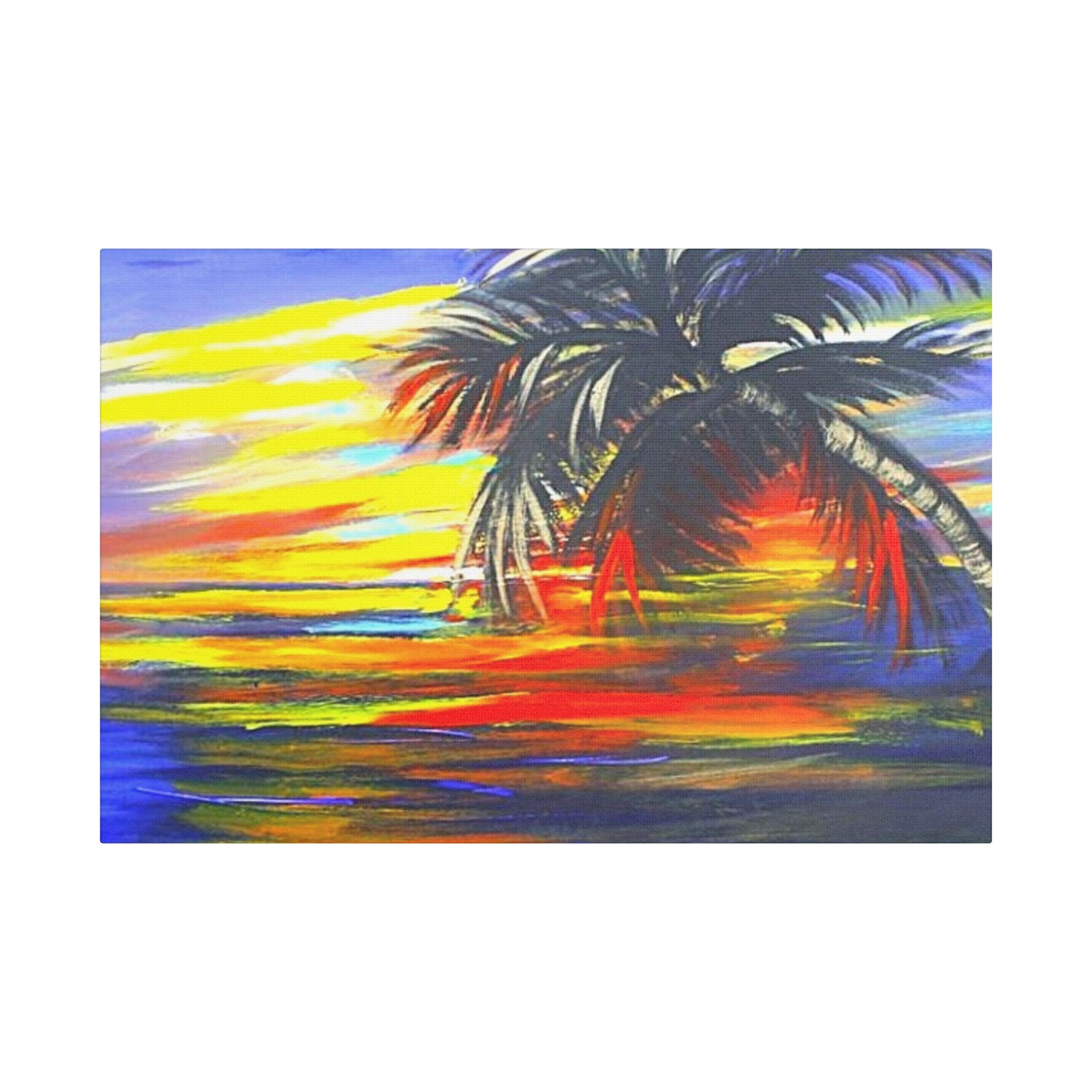 Tropical Sunset Palm Canvas Print — Vibrant Beach Landscape Wall Art