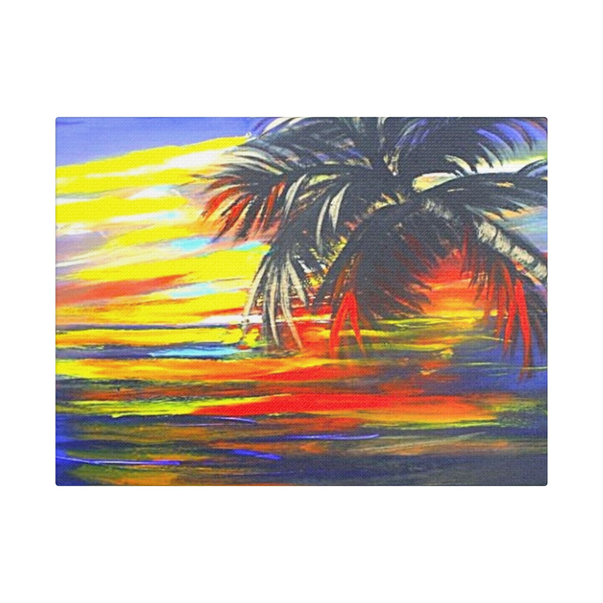 Tropical Sunset Palm Canvas Print — Vibrant Beach Landscape Wall Art