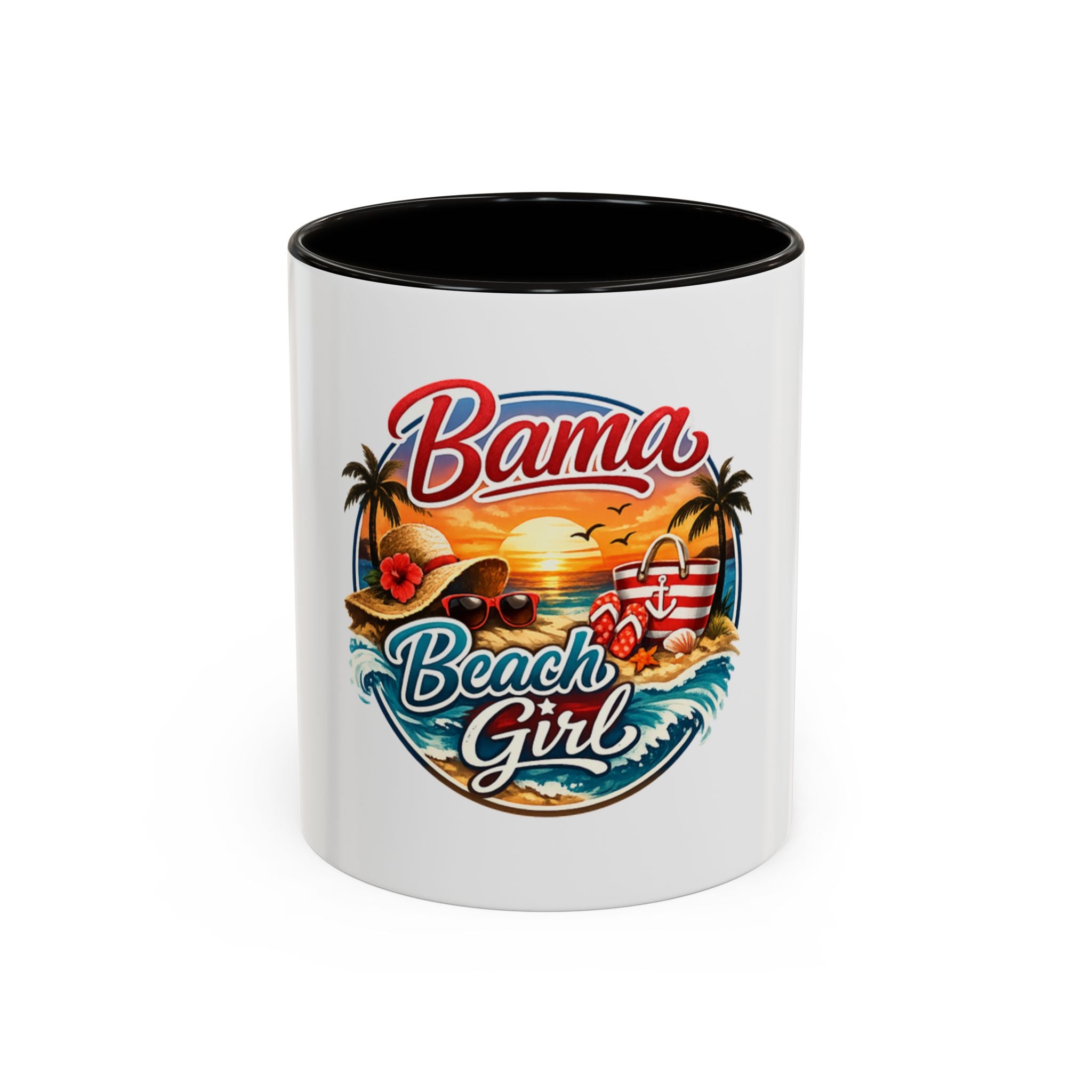 Bama Beach Girl Mug — Retro Tropical Sunset Coffee Cup (11oz & 15oz)