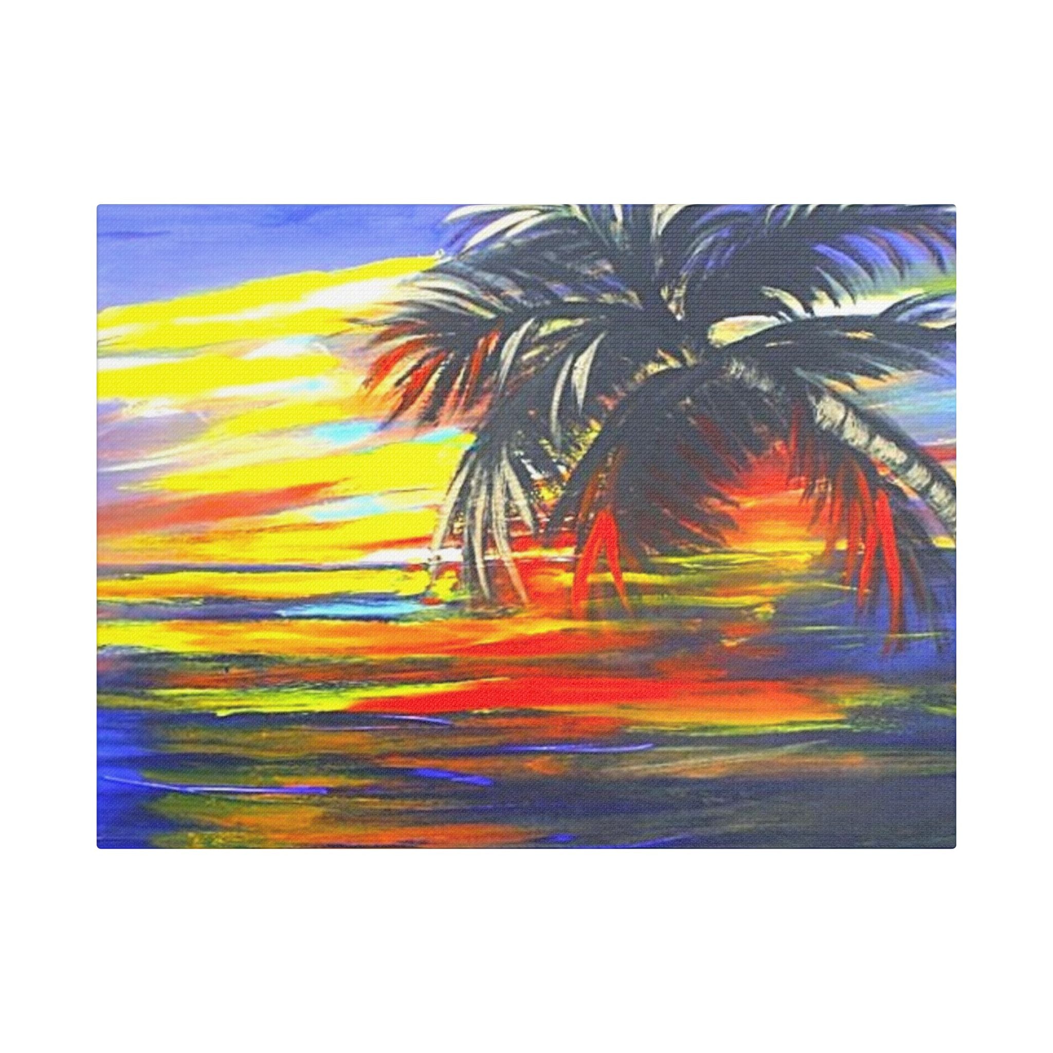 Tropical Sunset Palm Canvas Print — Vibrant Beach Landscape Wall Art