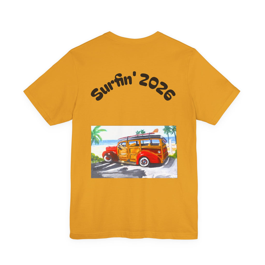 Surfin' 2026 Woody Station Wagon T-Shirt — Vintage Beach Surf Tee