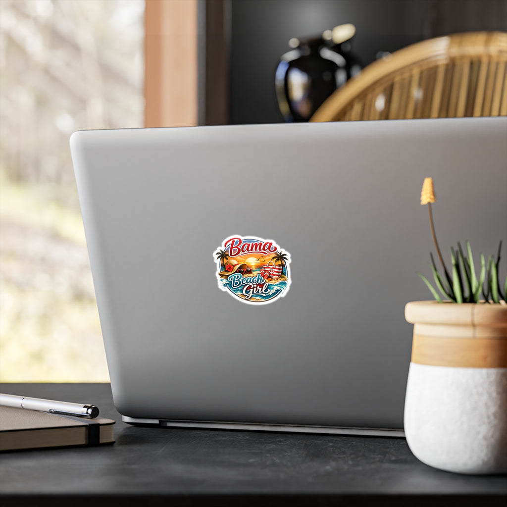 Bama Beach Girl Kiss-Cut Vinyl Sticker — Beach Sunset Tropical Decal for Luggage, Laptop & Water Bottle