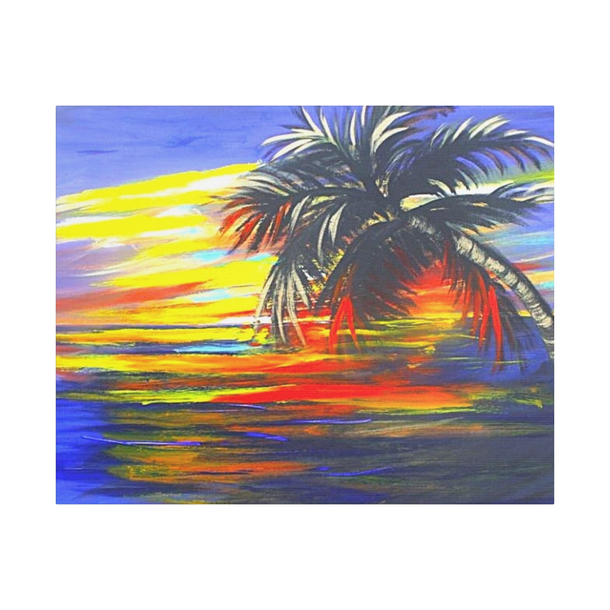 Tropical Sunset Palm Canvas Print — Vibrant Beach Landscape Wall Art