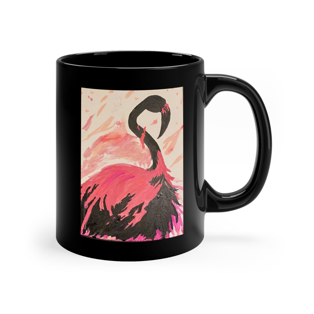 Flamingo Art Black Coffee Mug — 11oz Hand-Painted Pink Flamingo Ceramic