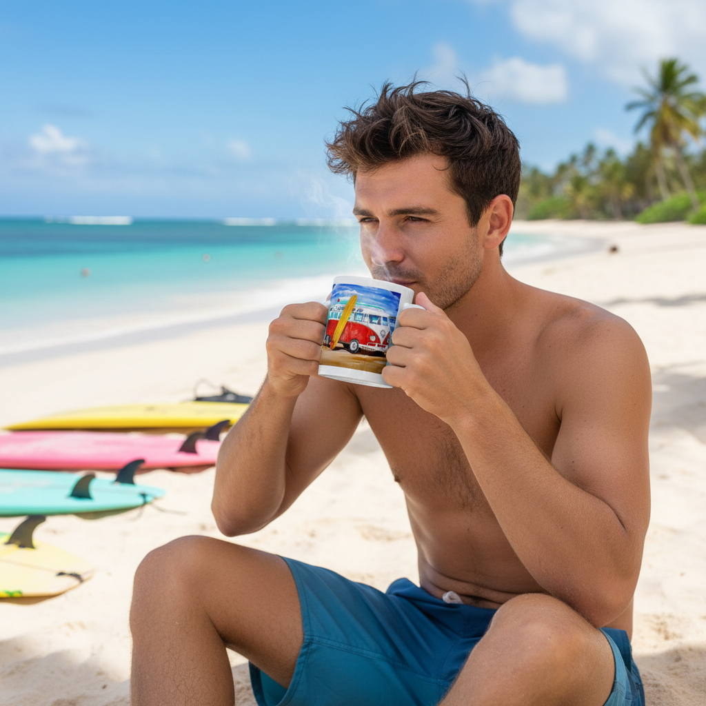 Surf Van Ceramic Mug – Vintage VW Bus with Surfboard Coffee Cup (11oz/15oz)