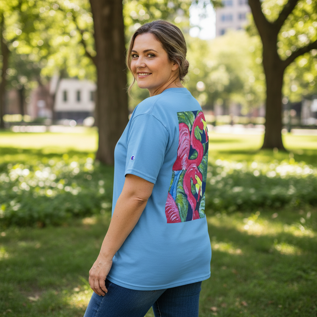 Pink Flamingo Beach T-Shirt — Tropical Sunset Graphic Tee