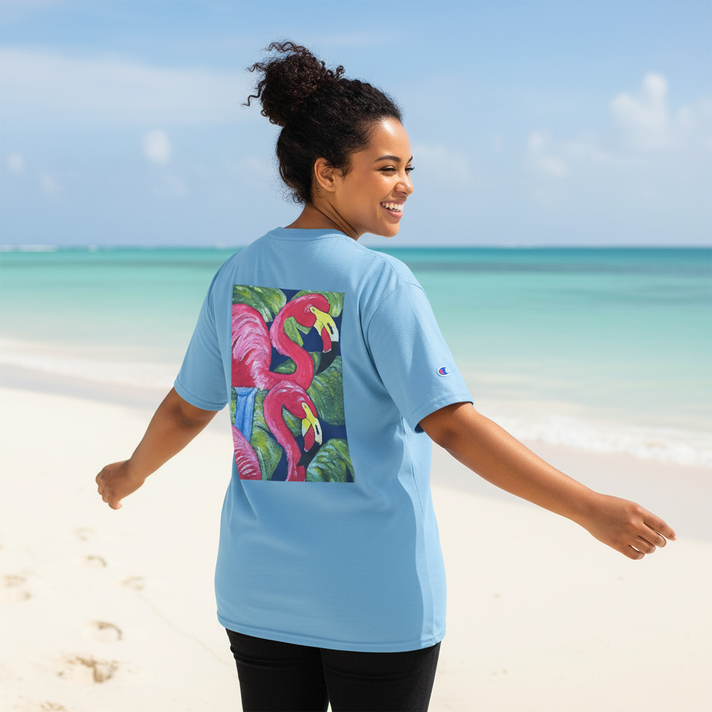 Pink Flamingo Beach T-Shirt — Tropical Sunset Graphic Tee