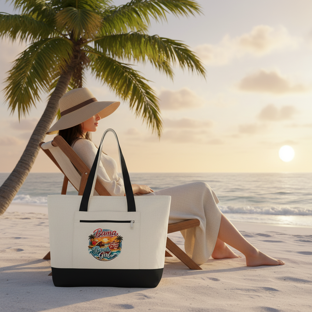 Canvas Tote Bag — Tropical Sunset Beach Design Zippered Tote
