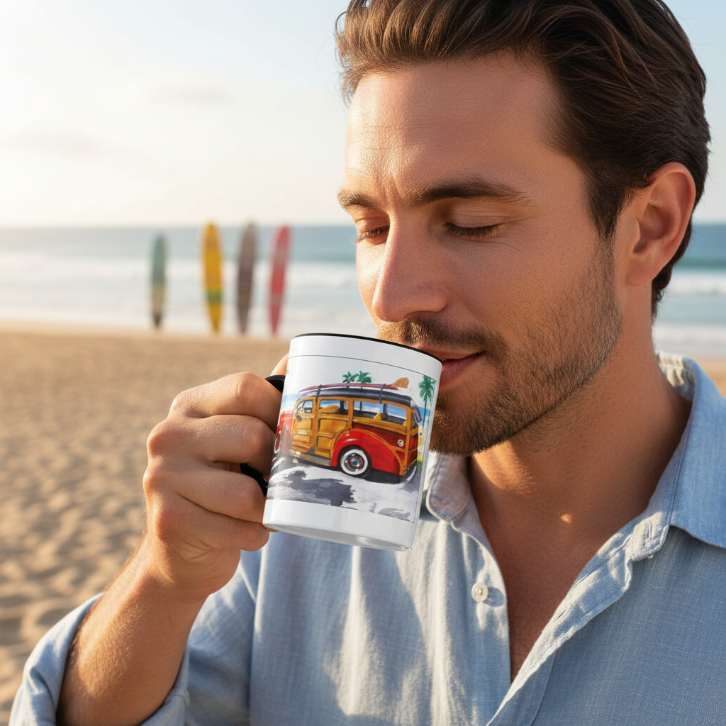Surf Woody Beach Coffee Mug — Tropical Retro Van Accent Mug (11/15oz)