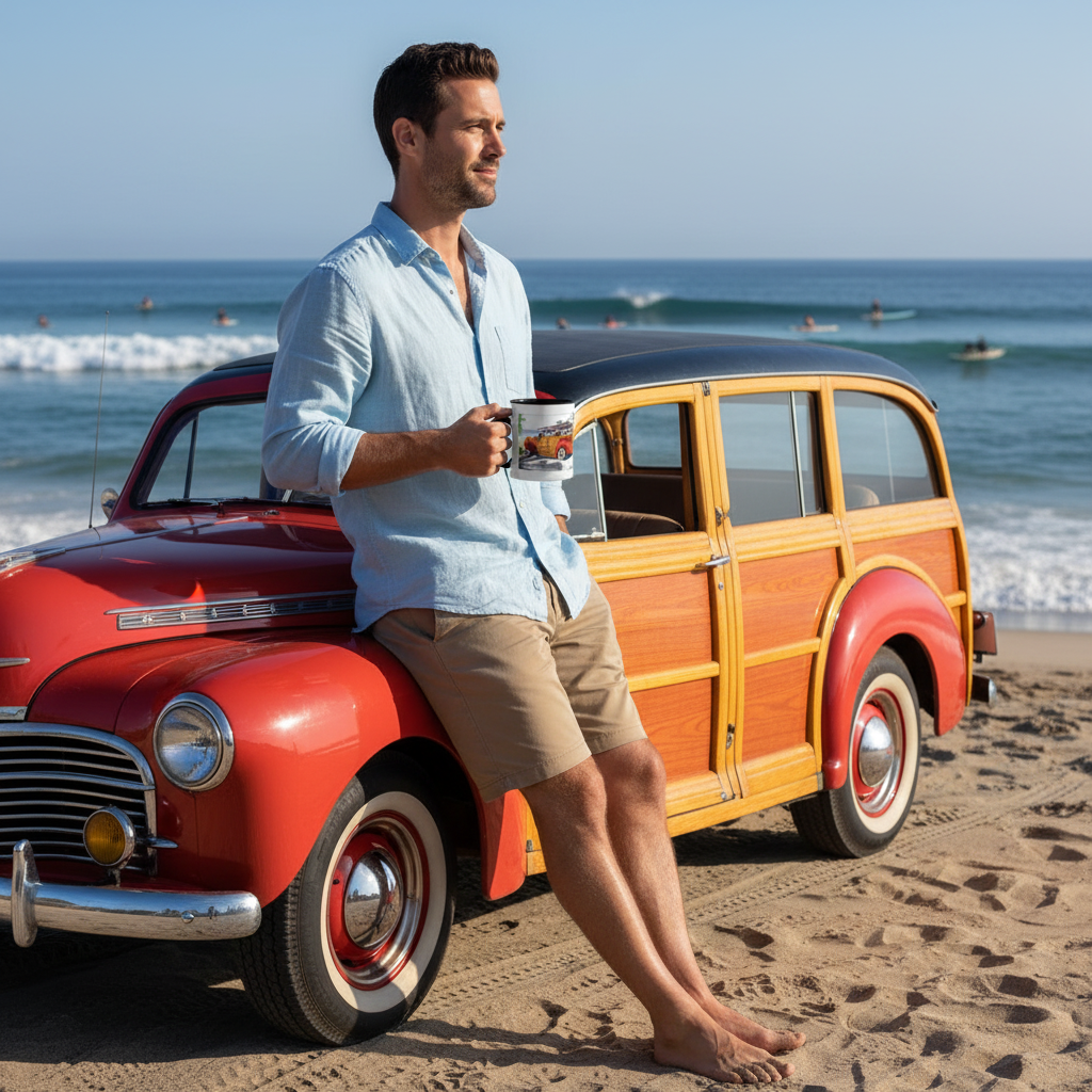 Surf Woody Beach Coffee Mug — Tropical Retro Van Accent Mug (11/15oz)