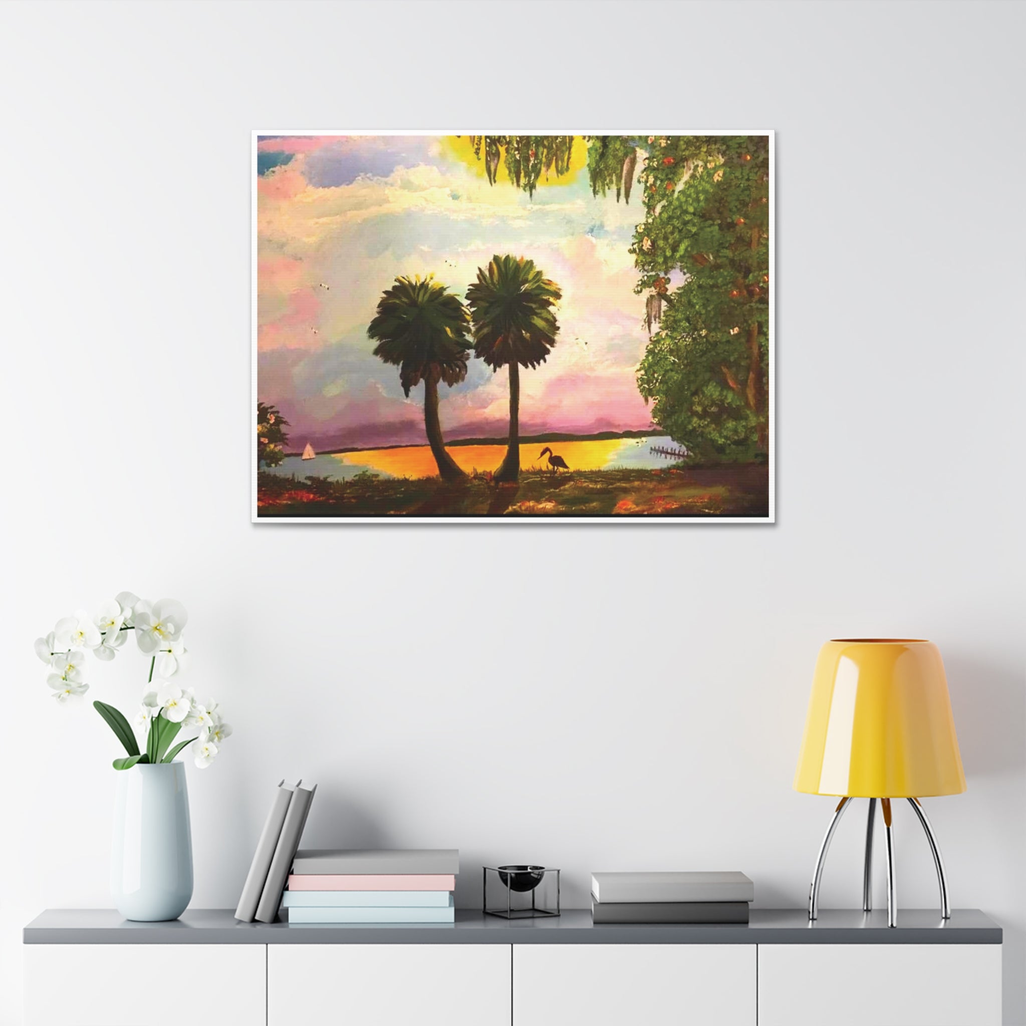 Palm Tree Sunset Canvas Print – Tropical Lake Wall Art, Stretched 1.5"