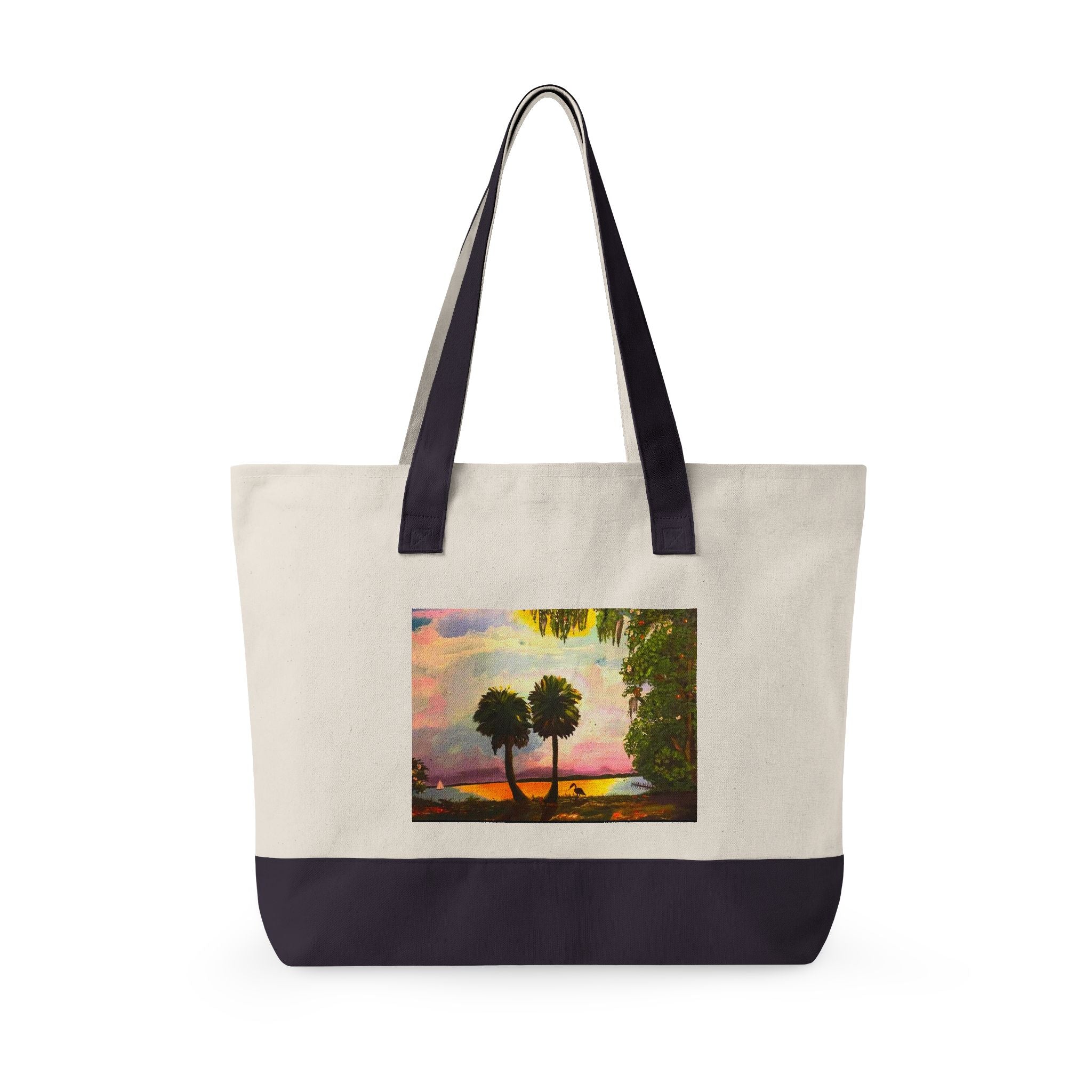 Canvas Tote Bag — Tropical Sunset Beach Design Zippered Tote