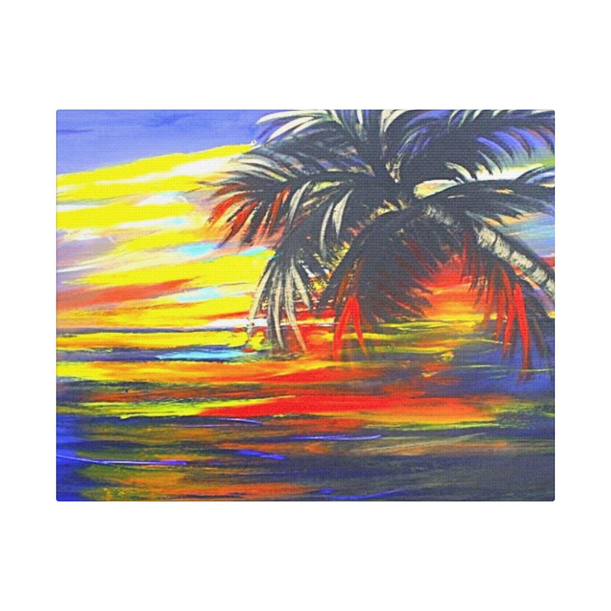 Tropical Sunset Palm Canvas Print — Vibrant Beach Landscape Wall Art