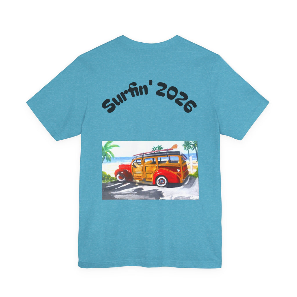 Surfin' 2026 Woody Station Wagon T-Shirt — Vintage Beach Surf Tee