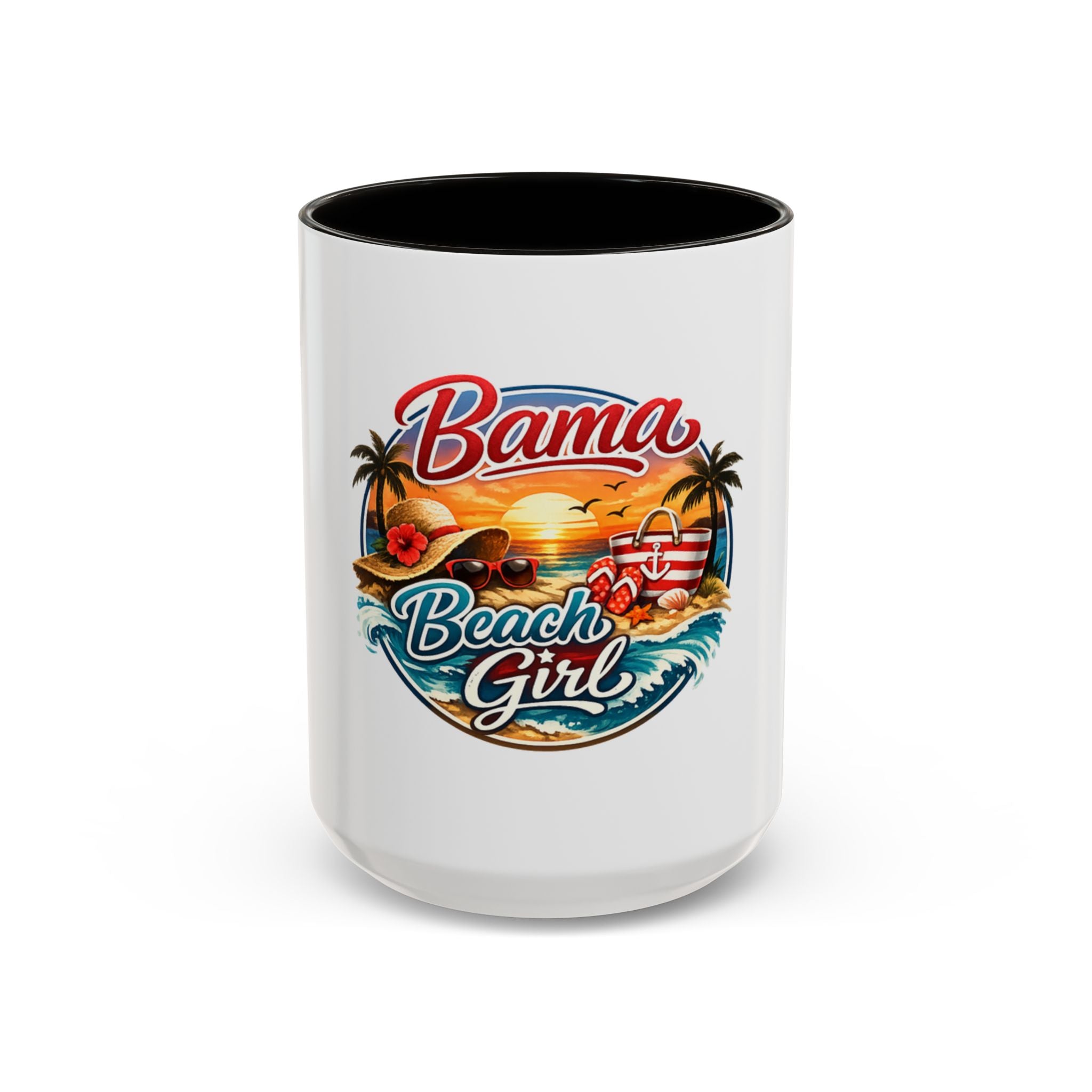 Bama Beach Girl Mug — Retro Tropical Sunset Coffee Cup (11oz & 15oz)