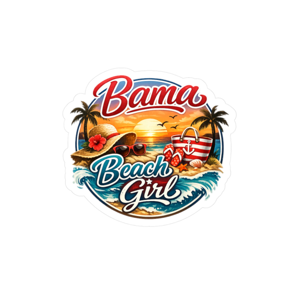 Bama Beach Girl Kiss-Cut Vinyl Sticker — Beach Sunset Tropical Decal for Luggage, Laptop & Water Bottle