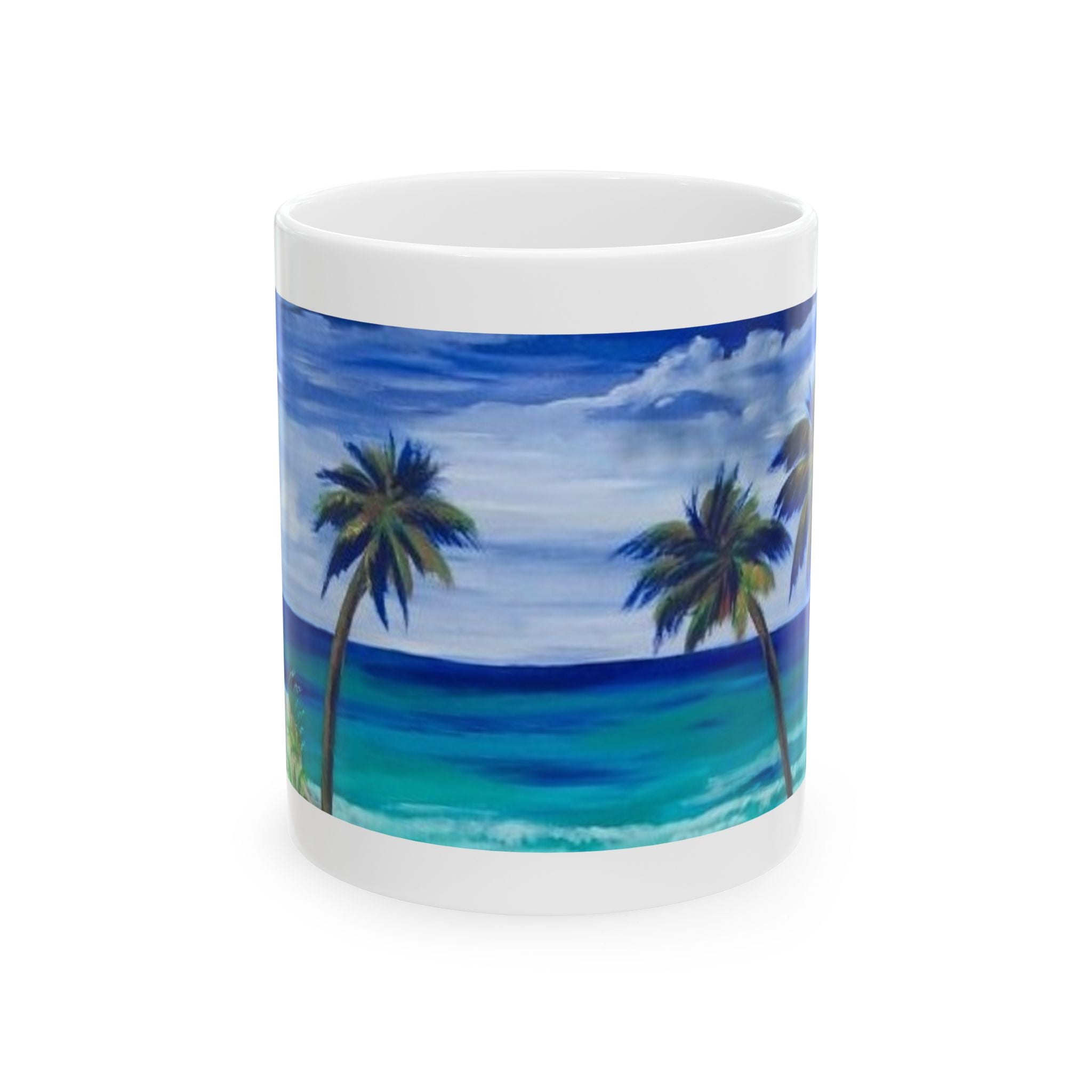 Tropical Palm Beach Mug — Ocean Sunrise Ceramic Coffee Cup (11oz)