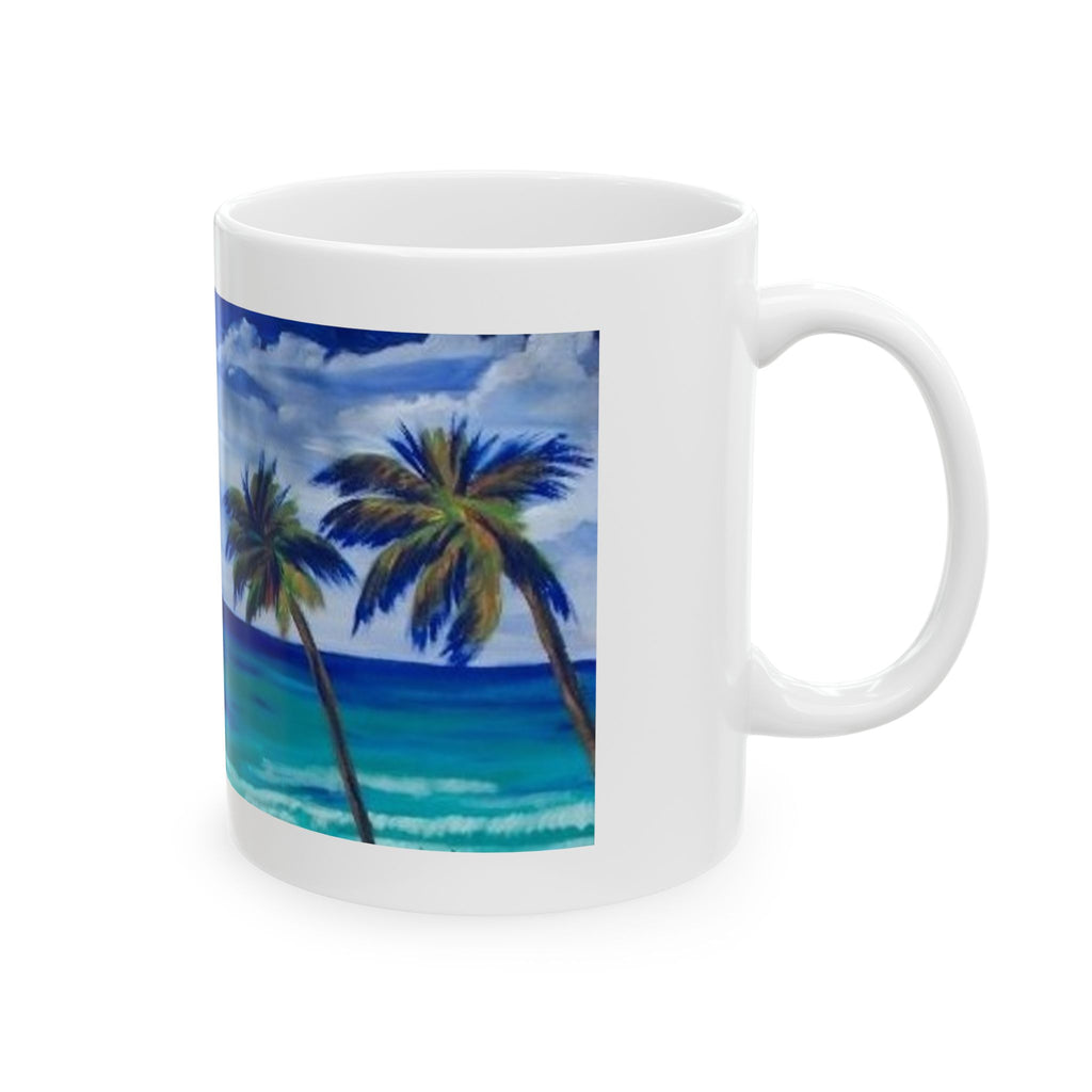 Tropical Palm Beach Mug — Ocean Sunrise Ceramic Coffee Cup (11oz)