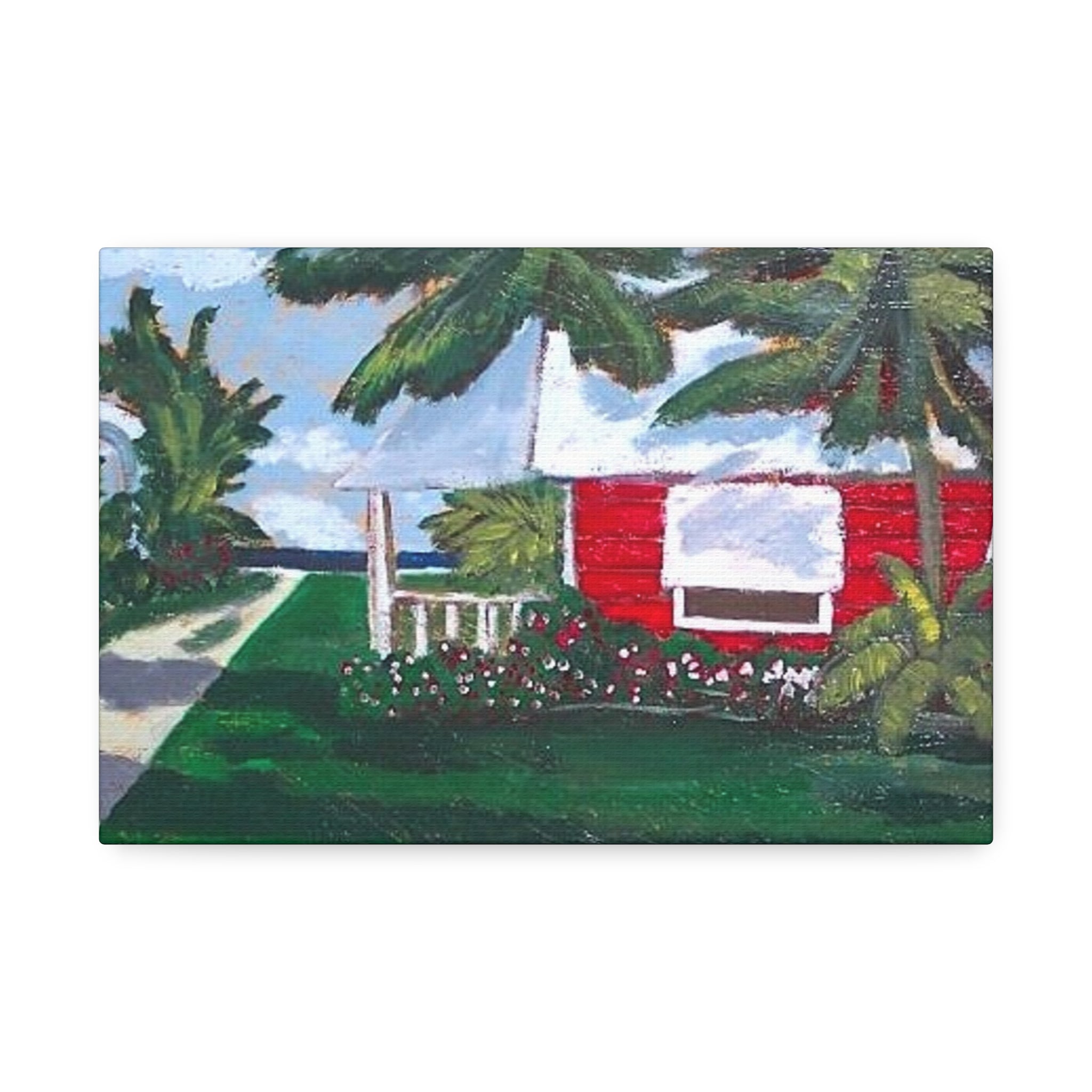 Beach Cottage Canvas Print — Tropical Palm House Wall Art (Stretched 1.5")