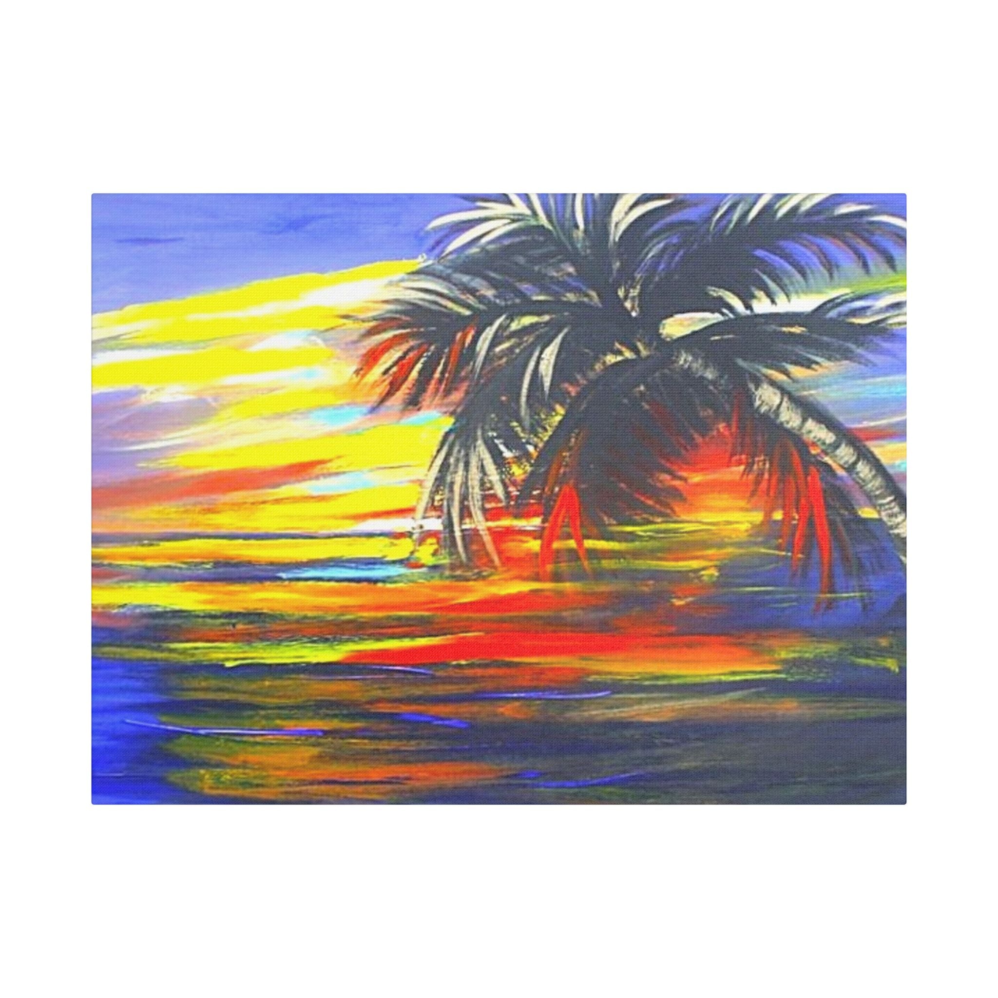 Tropical Sunset Palm Canvas Print — Vibrant Beach Landscape Wall Art