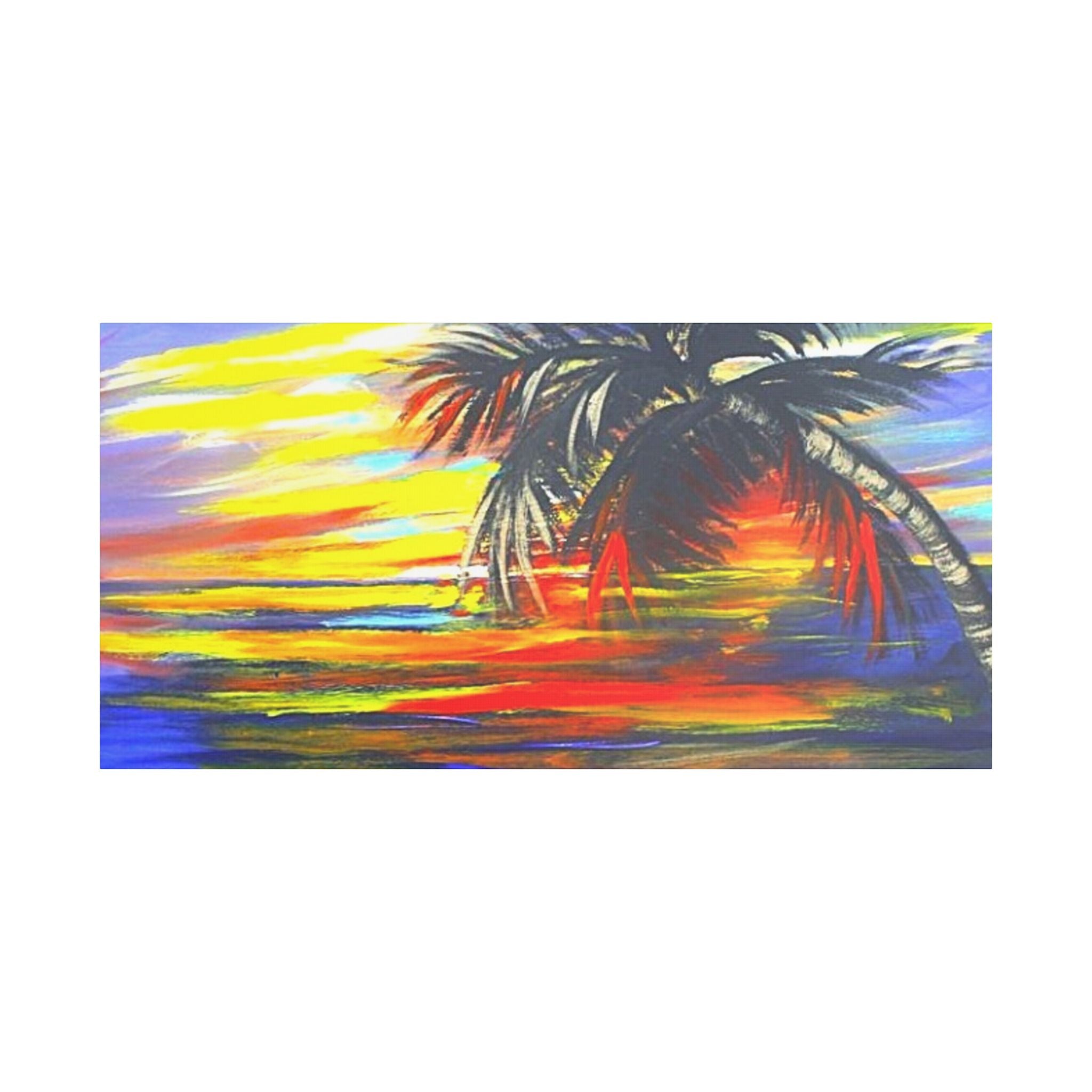 Tropical Sunset Palm Canvas Print — Vibrant Beach Landscape Wall Art