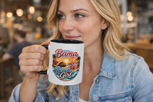 Bama Beach Girl Mug — Retro Tropical Sunset Coffee Cup (11oz & 15oz)