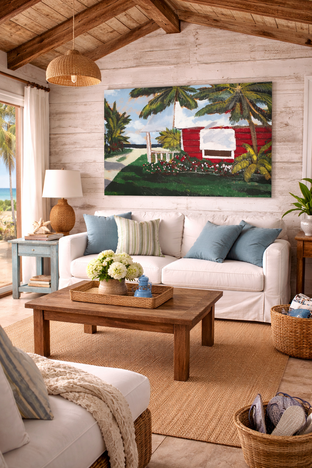 Beach Cottage Canvas Print — Tropical Palm House Wall Art (Stretched 1.5")