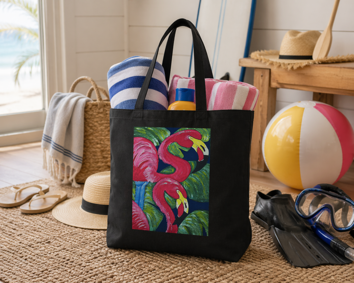 Flamingo Duo Cotton Tote Bag — Tropical Art Canvas Shopper