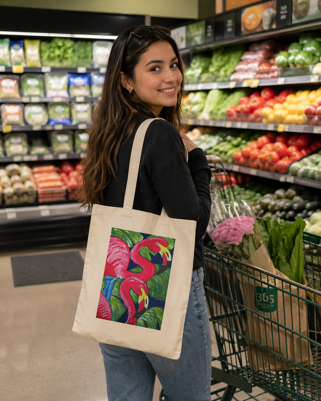 Flamingo Duo Cotton Tote Bag — Tropical Art Canvas Shopper