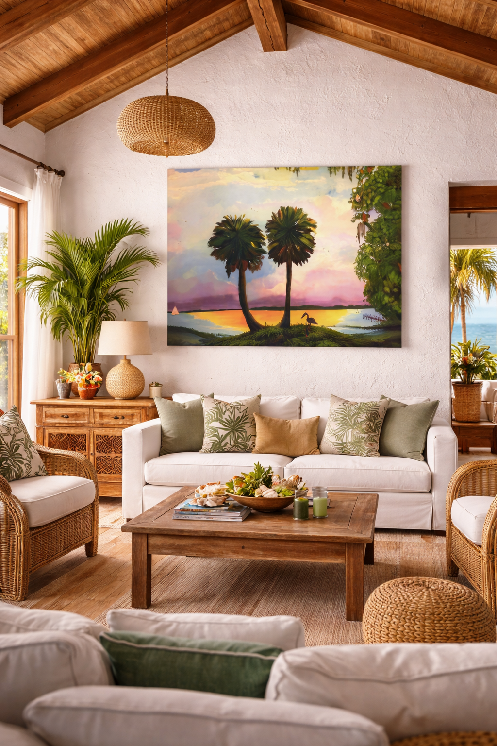 Palm Tree Sunset Canvas Print – Tropical Lake Wall Art, Stretched 1.5"