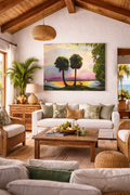 Palm Tree Sunset Canvas Print – Tropical Lake Wall Art, Stretched 1.5"