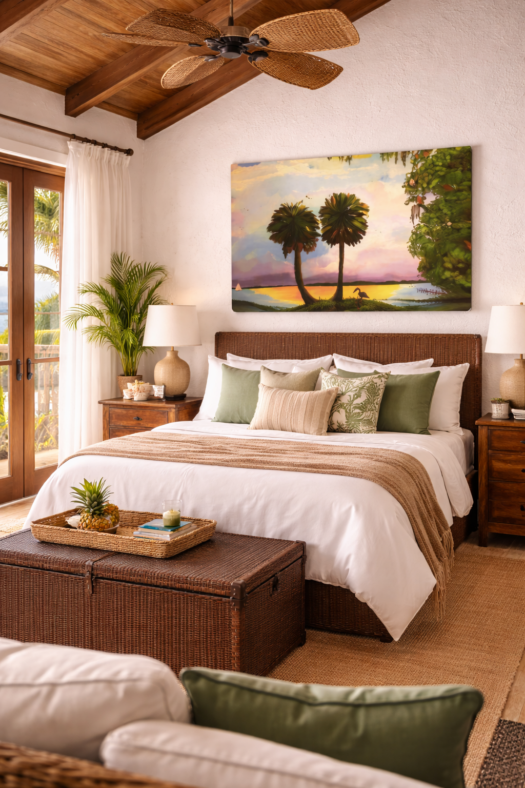 Palm Tree Sunset Canvas Print – Tropical Lake Wall Art, Stretched 1.5"