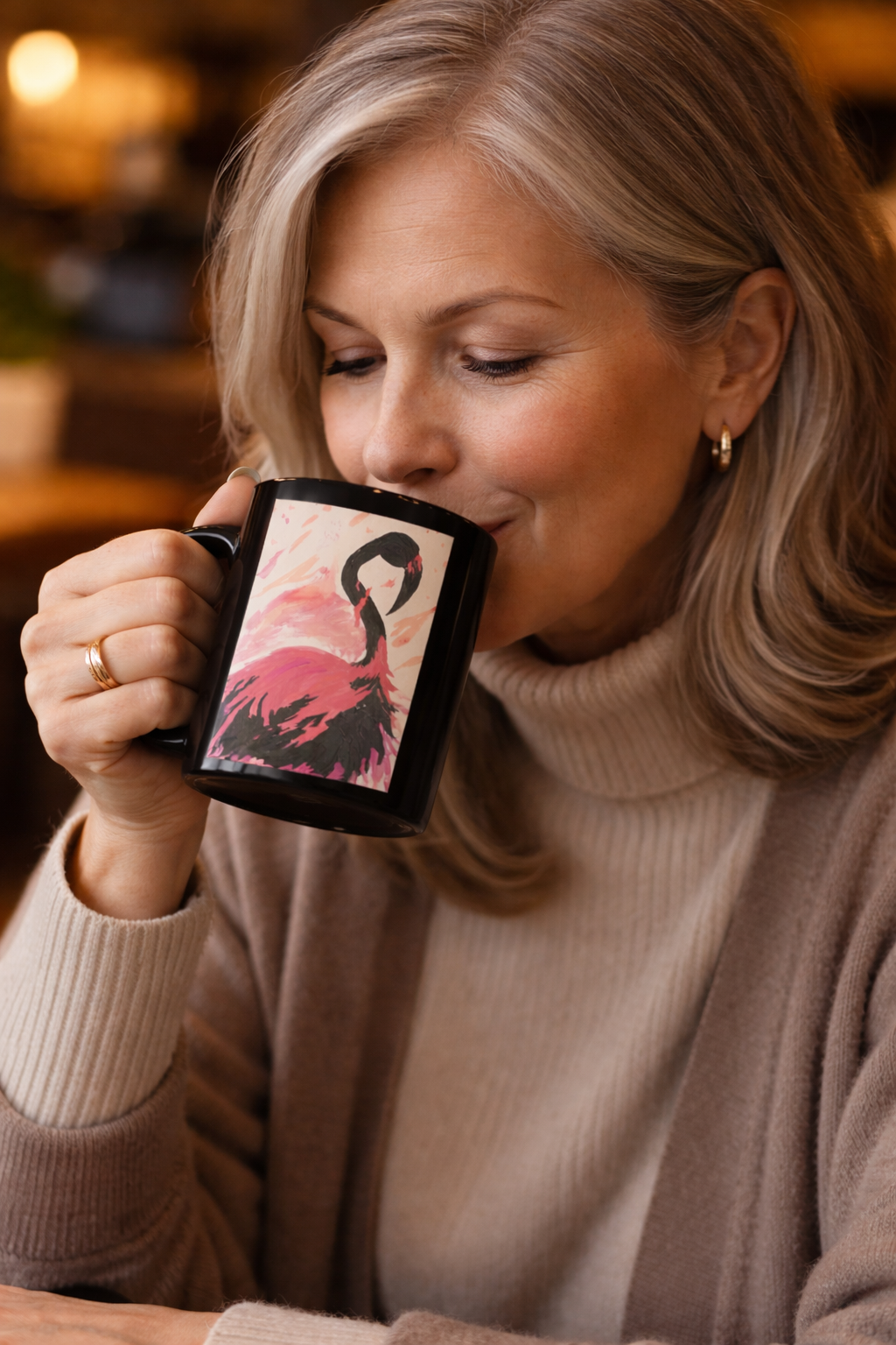 Flamingo Art Black Coffee Mug — 11oz Hand-Painted Pink Flamingo Ceramic