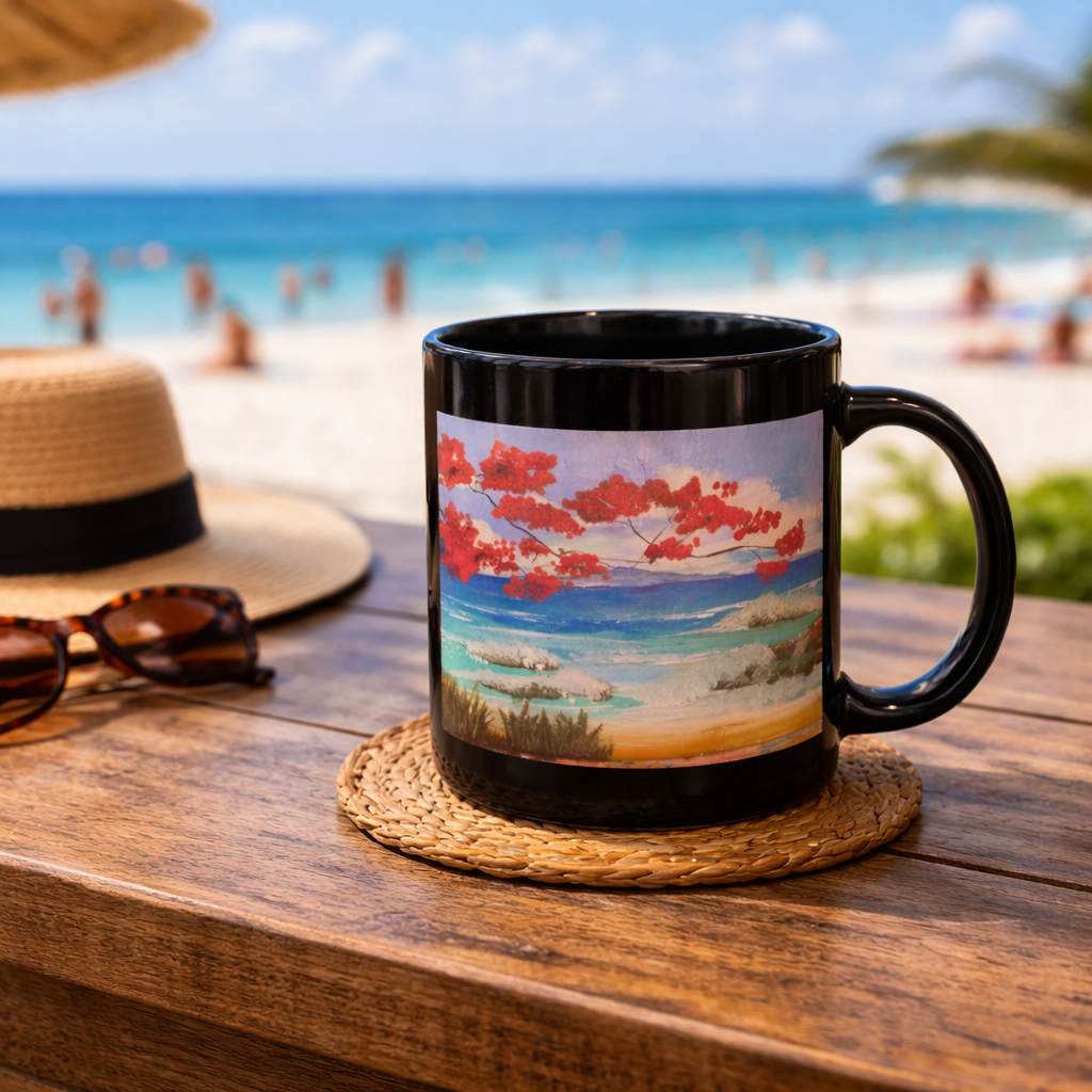 Beachscape Black Mug — Tropical Seascape Coffee Cup