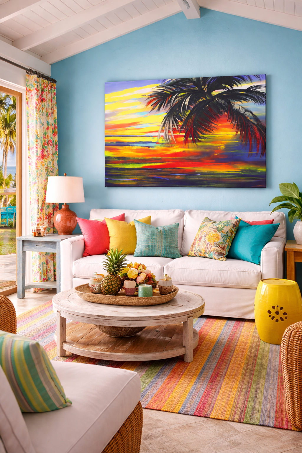 Tropical Sunset Palm Canvas Print — Vibrant Beach Landscape Wall Art