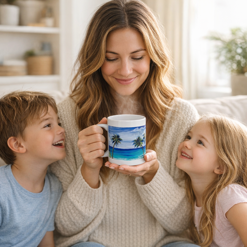 Tropical Palm Beach Mug — Ocean Sunrise Ceramic Coffee Cup (11oz)