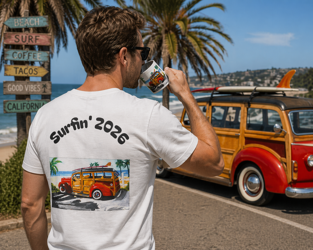 Surf Woody Beach Coffee Mug — Tropical Retro Van Accent Mug (11/15oz)