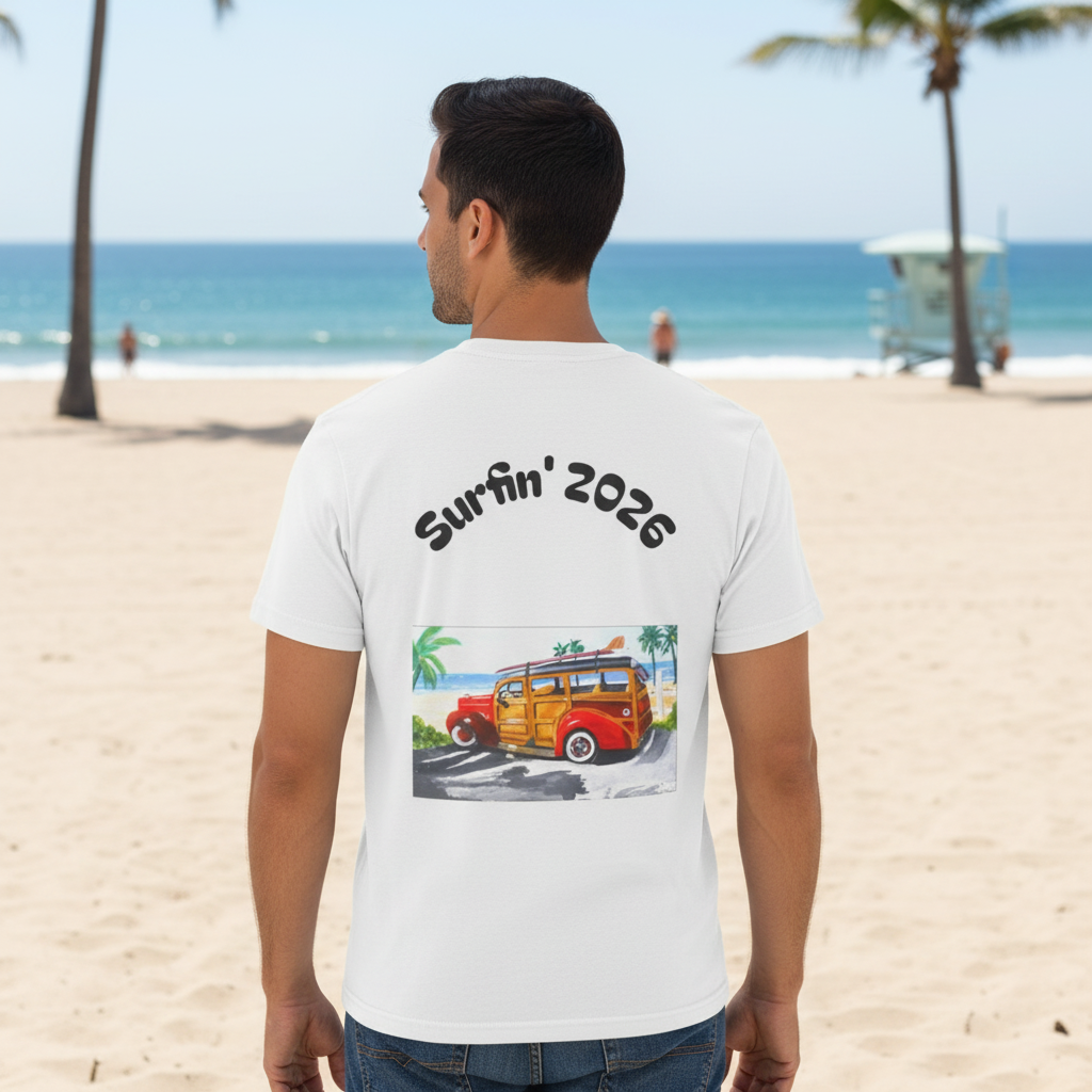Surfin' 2026 Woody Station Wagon T-Shirt — Vintage Beach Surf Tee
