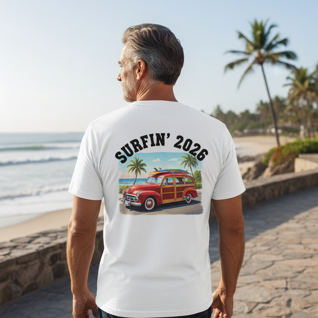 Surfin' 2026 Woody Station Wagon T-Shirt — Vintage Beach Surf Tee