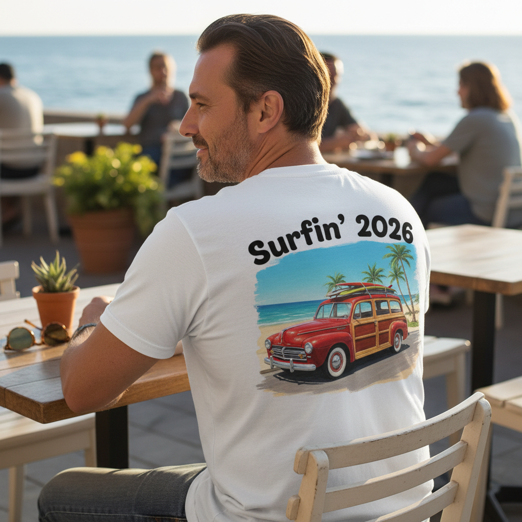 Surfin' 2026 Woody Station Wagon T-Shirt — Vintage Beach Surf Tee